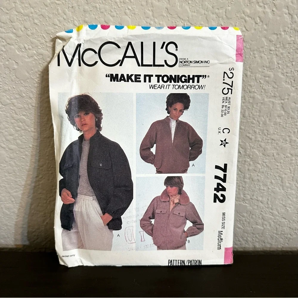 Vintage Sewing Pattern McCall’s Make It Tonight Bomber Jacket Coat 1980s 80s